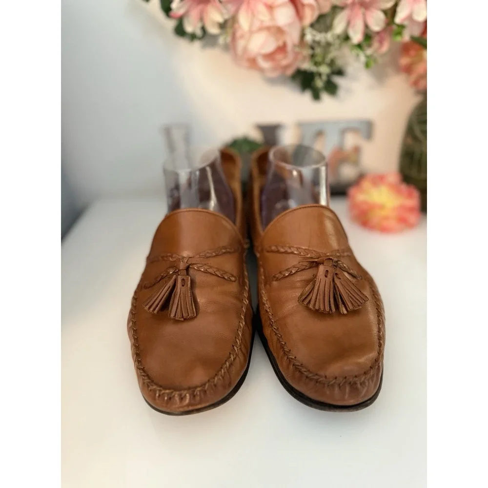 Bragano Italy Leather Tasseled Loafers Size 10.5 M Men's Moccasins Cognac Brown‎